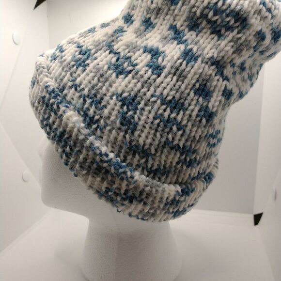 Handmade Hat Blue Unisex Winter Slouchy Knit Warm Beanie Ski Cap Pom Pom - Picture 5 of 12